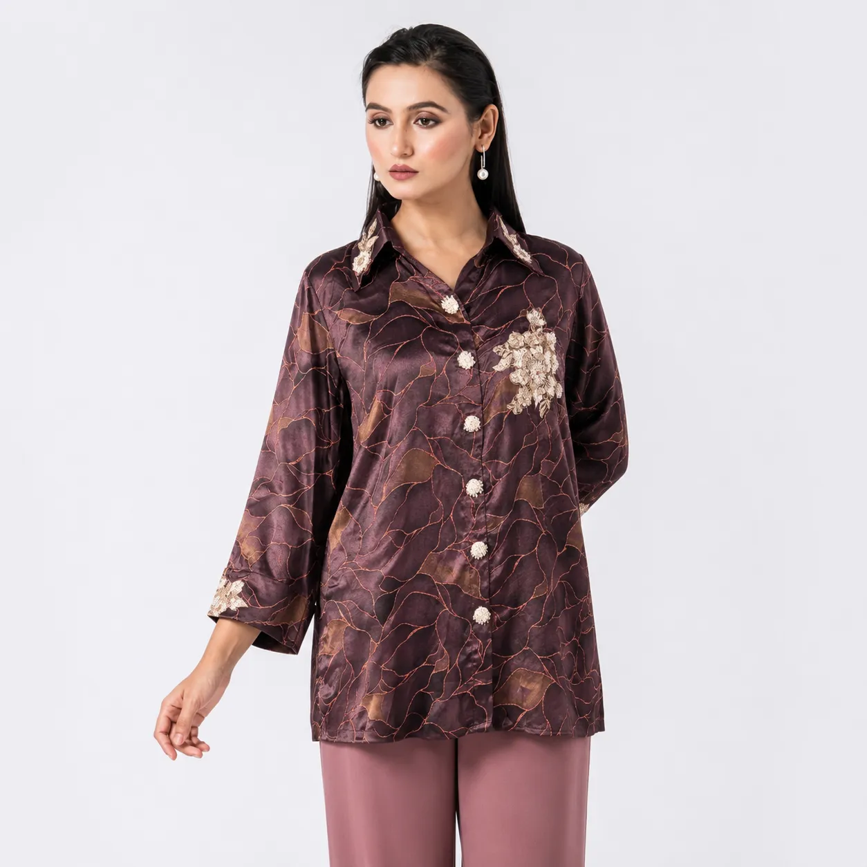 Brown Abstract Floral Button-Down Shirt